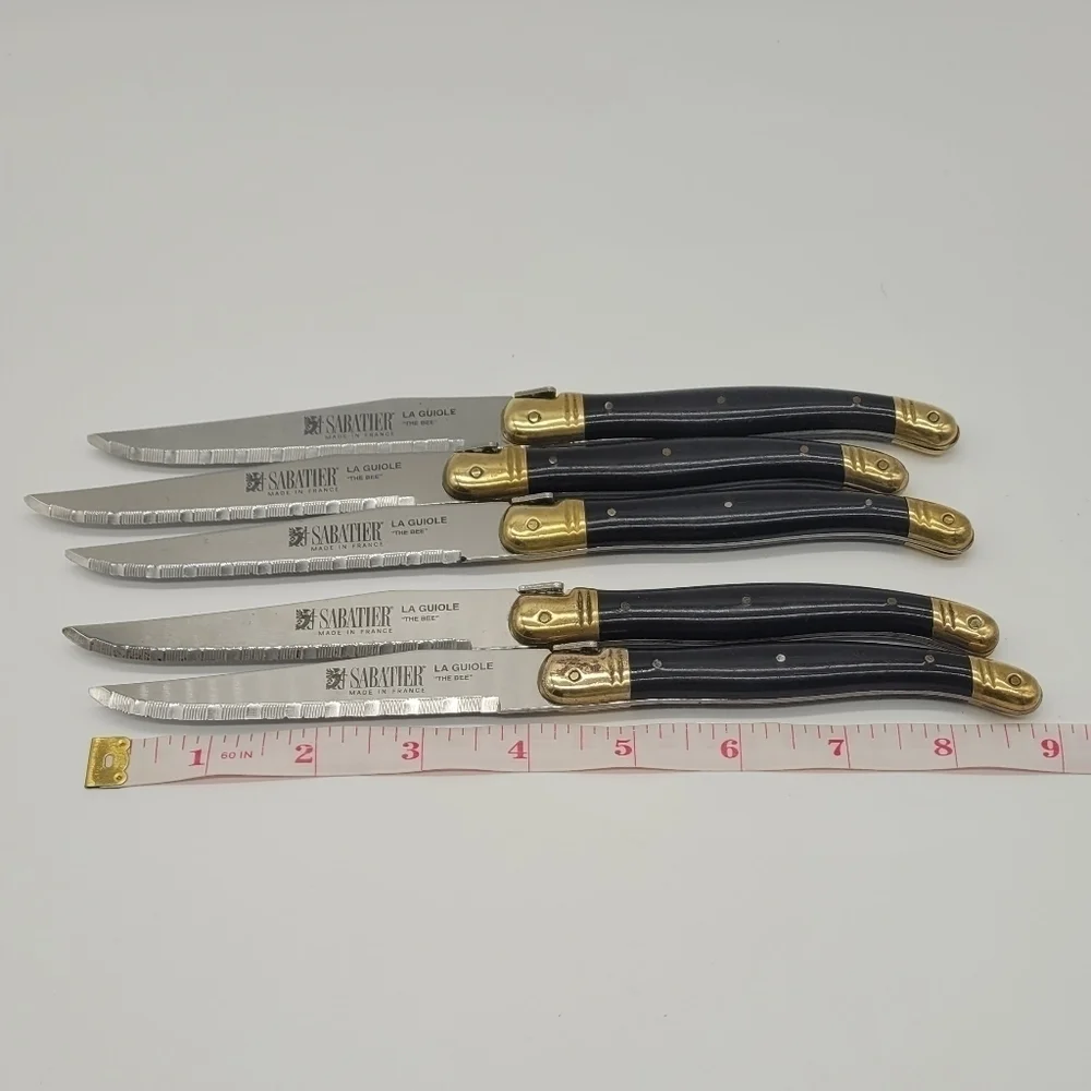 La Guiole Sabatier The Bee Black GOLD Serrated Steak Knives Set Of 5 - Vintage‌
